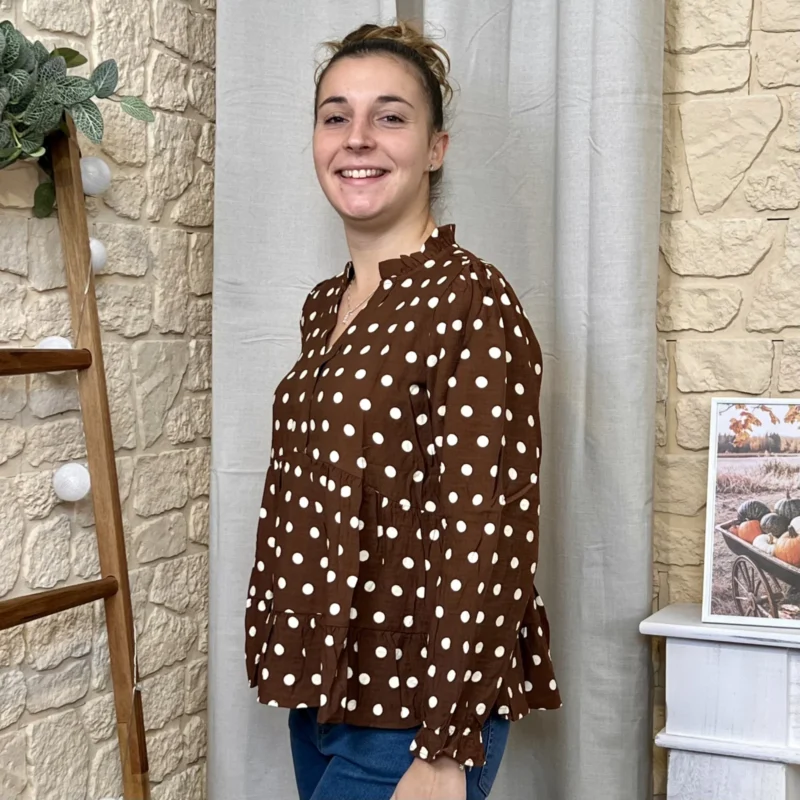 Blouse à pois volantée femme - marron - 38