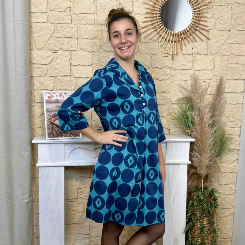 Robe chemise imprimée seventies femme « Tendance » - bleu-canard - taille-unique