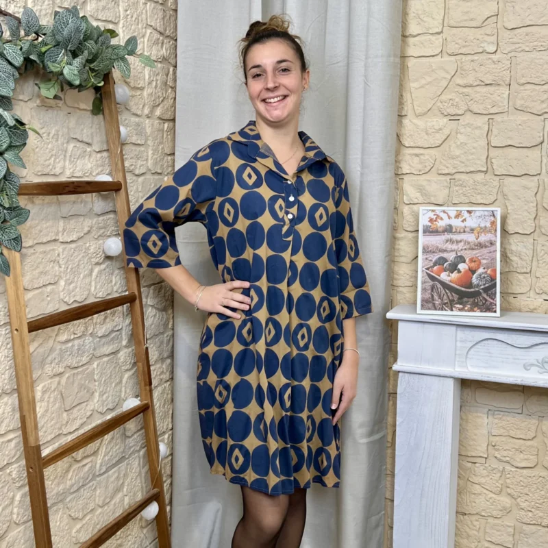 Robe chemise imprimée seventies femme « Tendance » - camel - taille-unique