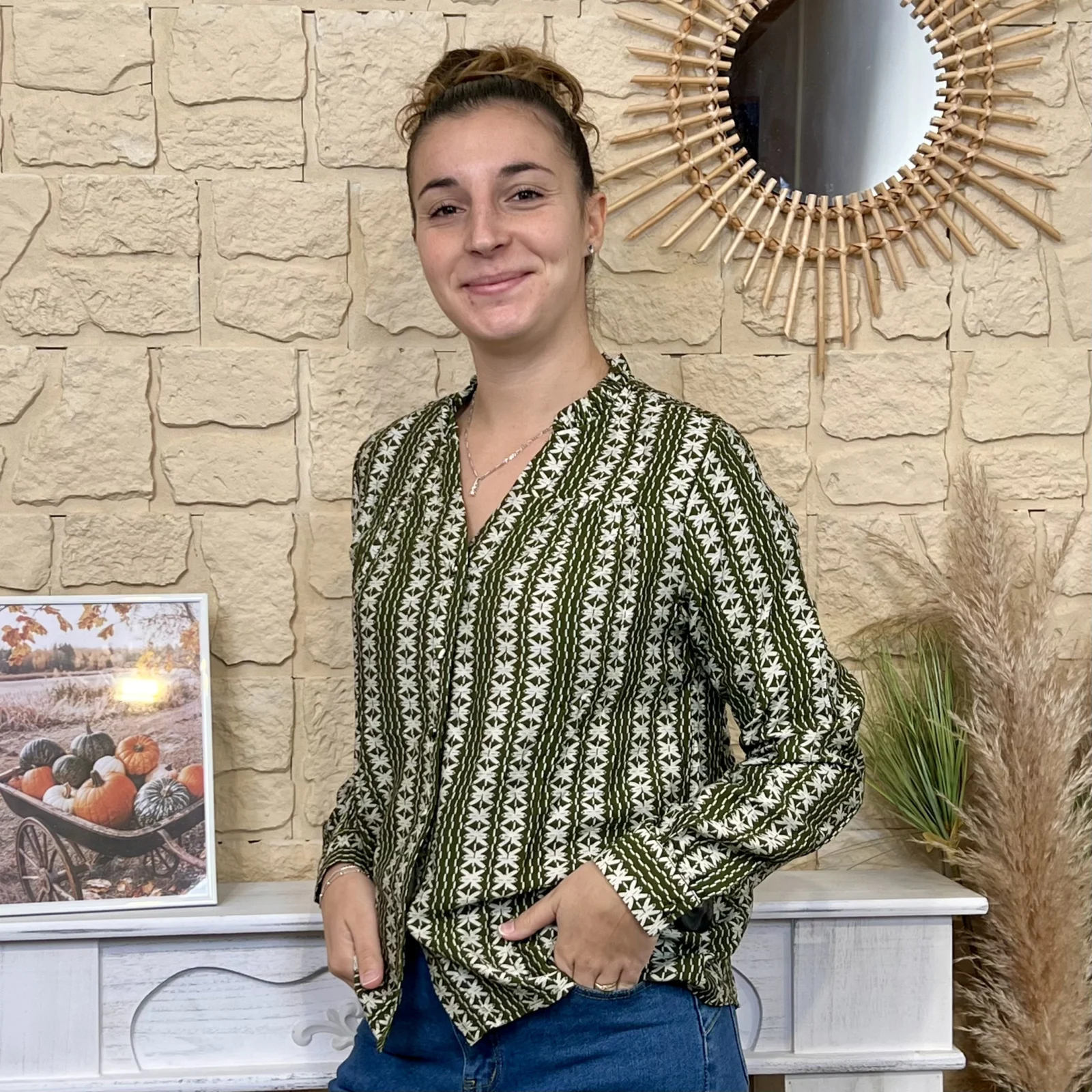 Blouse imprimé végétal femme boutonnée - kaki - 38