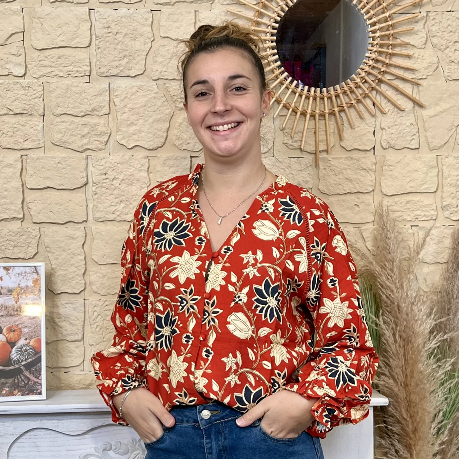 Chemise fleurie col V femme MAËLLE - rouge - 38