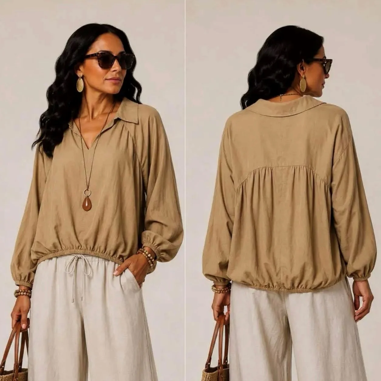 Blouse unie taille élastiquée (GT) - camel - taille-unique