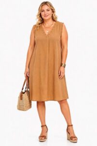 Robe femme sans manches col V à clous "Jolies Formes" - camel - taille-unique-grande-taille