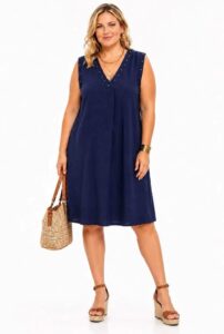 Robe femme sans manches col V à clous "Jolies Formes" - marine - taille-unique-grande-taille