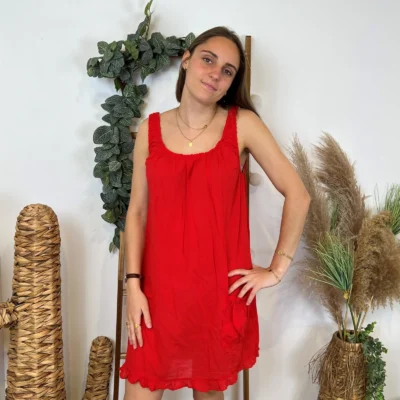 Z397- Robe de Plage coton (Tu) - rouge - taille-unique