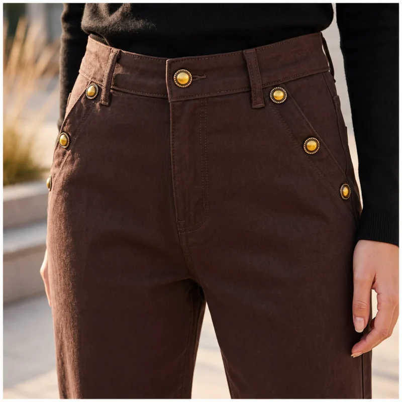 Pantalon Mom Fit boutons dorés - marron - 44