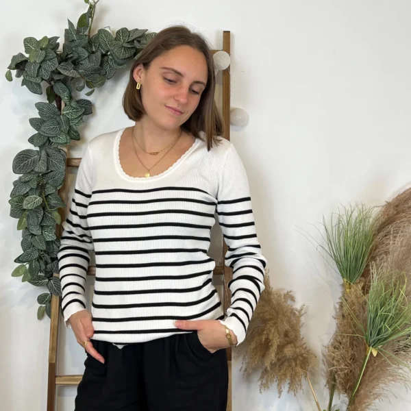 I880- Pull marinière cotelé fantaisie (Tu) - ecru - taille-unique