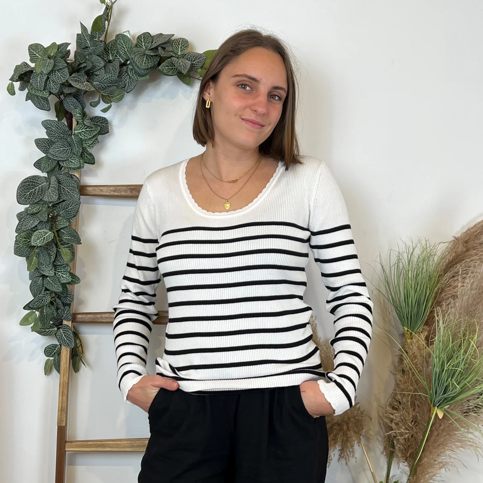 I880- Pull marinière cotelé fantaisie (Tu) - ecru - taille-unique