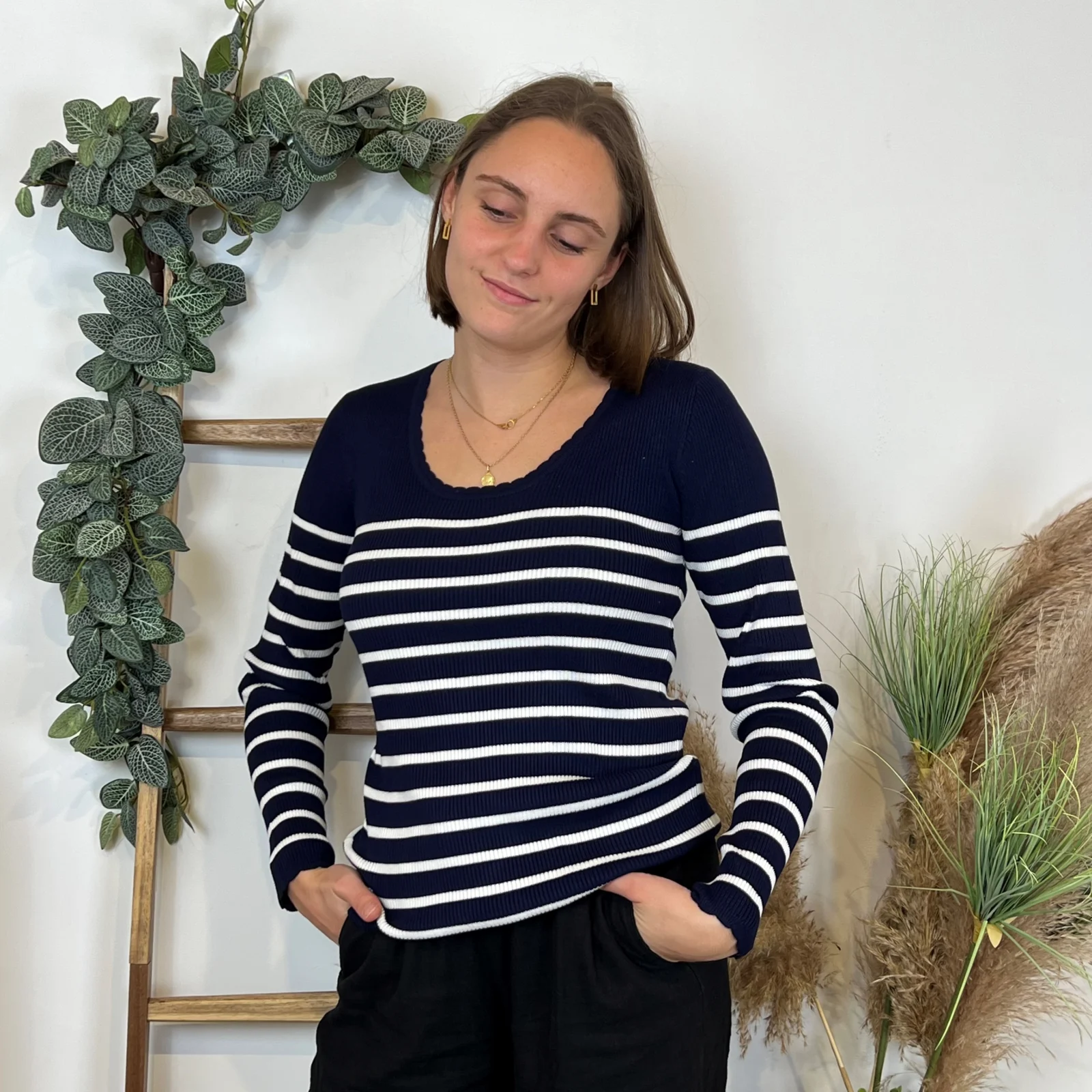 I880- Pull marinière cotelé fantaisie (Tu) - marine - taille-unique