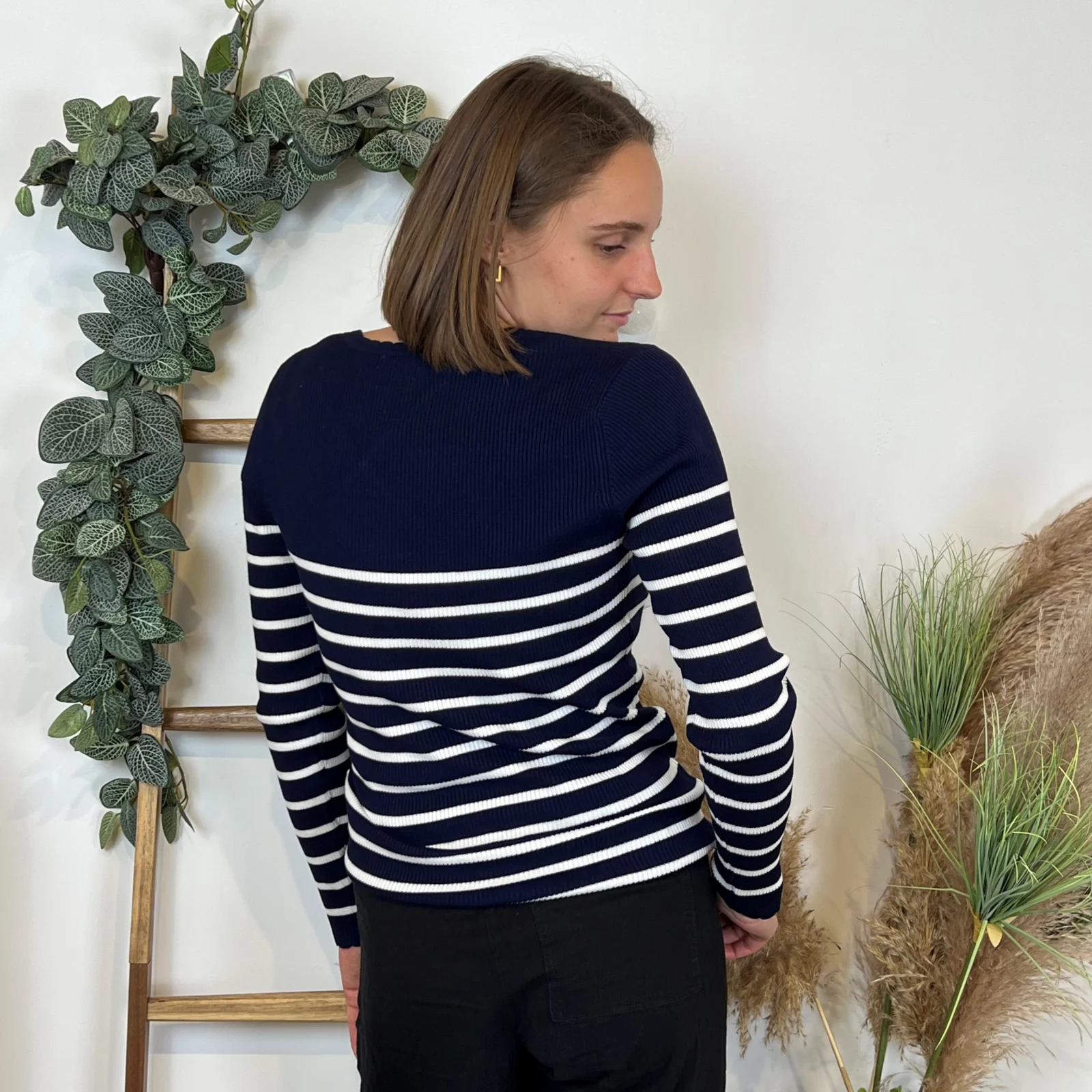 I880- Pull marinière cotelé fantaisie (Tu) - marine - taille-unique