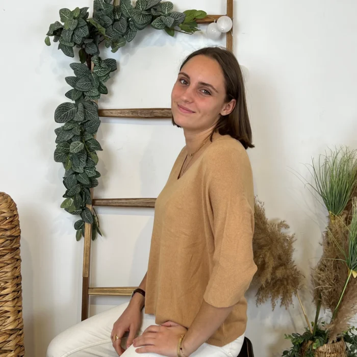 Pull femme maille fine col V « Tendance » - camel - taille-unique