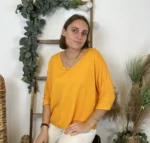 Pull femme maille fine col V « Tendance » - moutarde - taille-unique