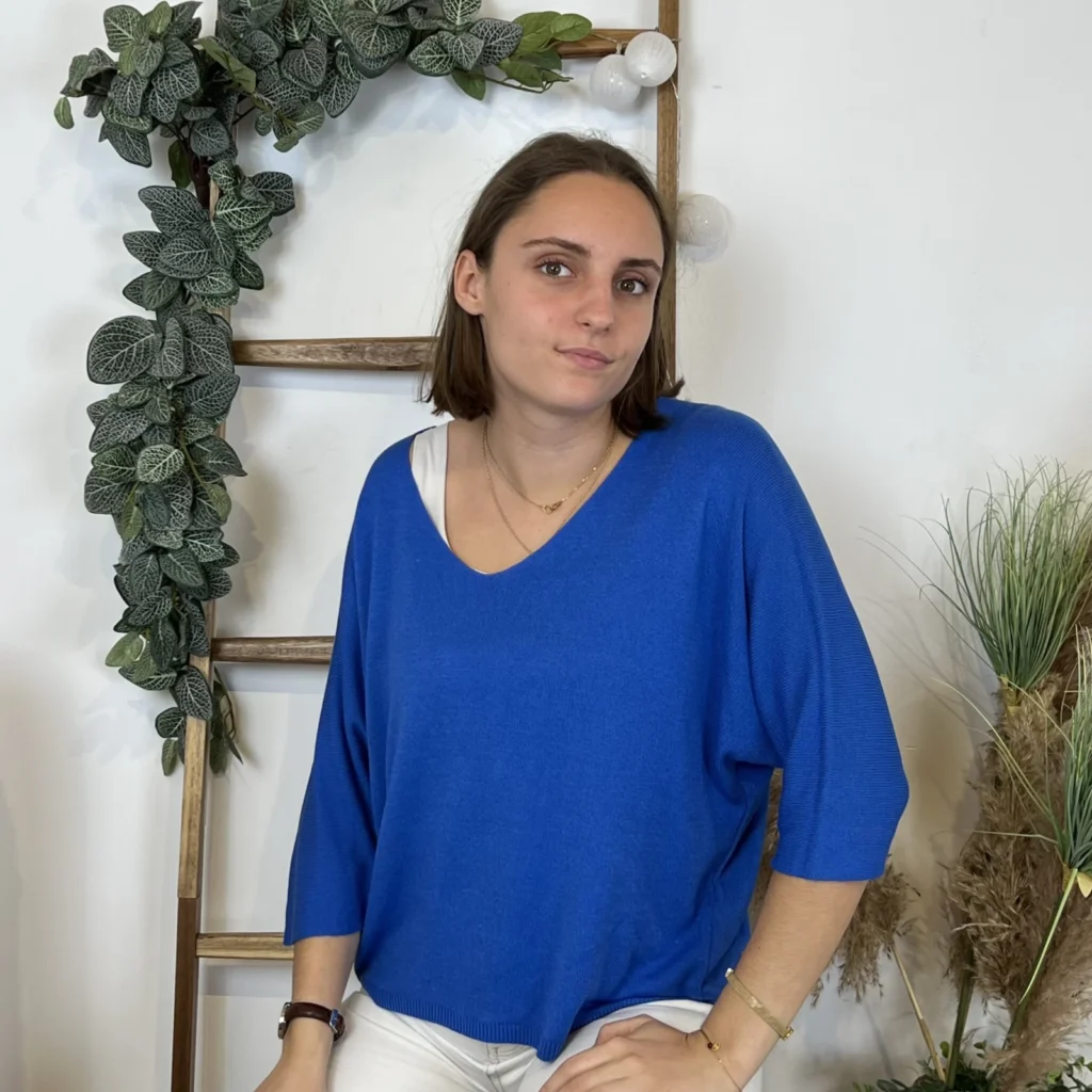 Pull femme maille fine col V « Tendance » - bleu-royal - taille-unique