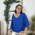 Pull femme maille fine col V « Tendance » - bleu-royal - taille-unique