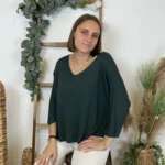 Pull femme maille fine col V « Tendance » - vert-sapin - taille-unique