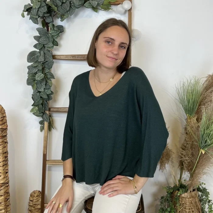 Pull femme maille fine col V « Tendance » - vert-sapin - taille-unique