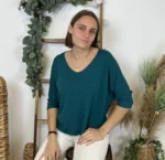 Pull femme maille fine col V « Tendance » - bleu-canard - taille-unique