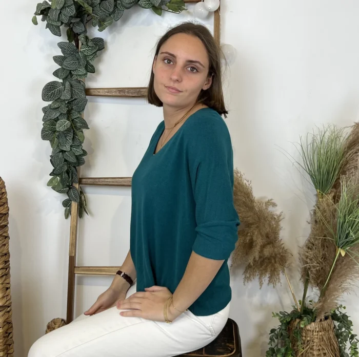 Pull femme maille fine col V « Tendance » - bleu-canard - taille-unique