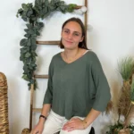 Pull femme maille fine col V « Tendance » - kaki - taille-unique