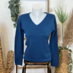 Pull col V laine et cachemire femme TRICOTONIC T38-T42 - bleu-petrole - 42