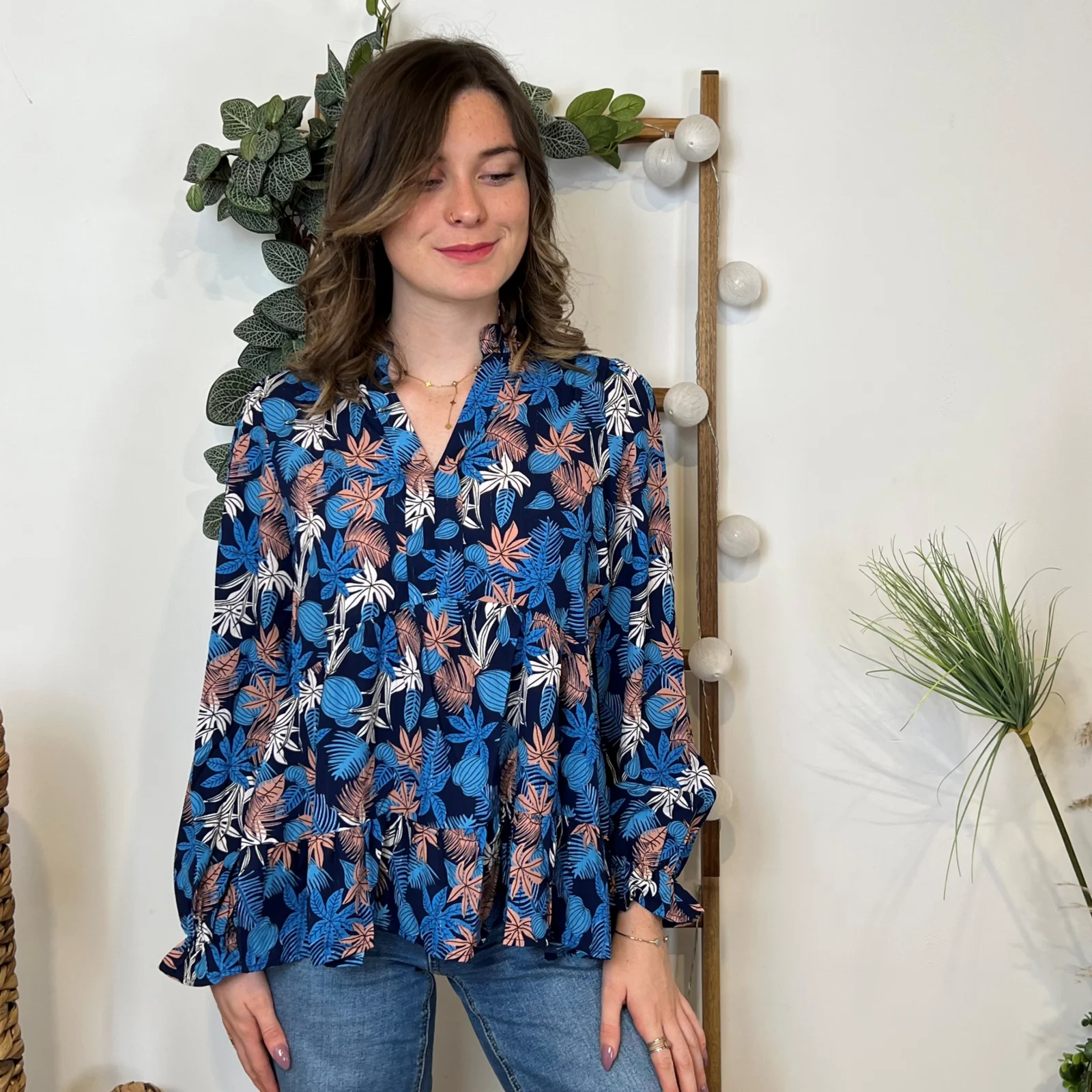 K031 - Blouse By One "Tropical" (T36-T40) - bleu-royal - 38