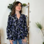 M540- Blouse By One imprimé orchidée - noir-bleu-royal - 38