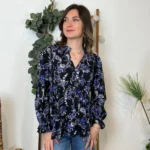 M540- Blouse By One imprimé orchidée - noir-bleu-royal - 38
