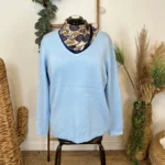 Pull col V laine et cachemire femme TRICOTONIC T44 - bleu-ciel - 48