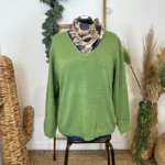 Pull col V laine et cachemire femme TRICOTONIC T44 - kaki - 48
