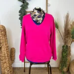 Pull col V laine et cachemire femme TRICOTONIC T44 - fuchsia - 48