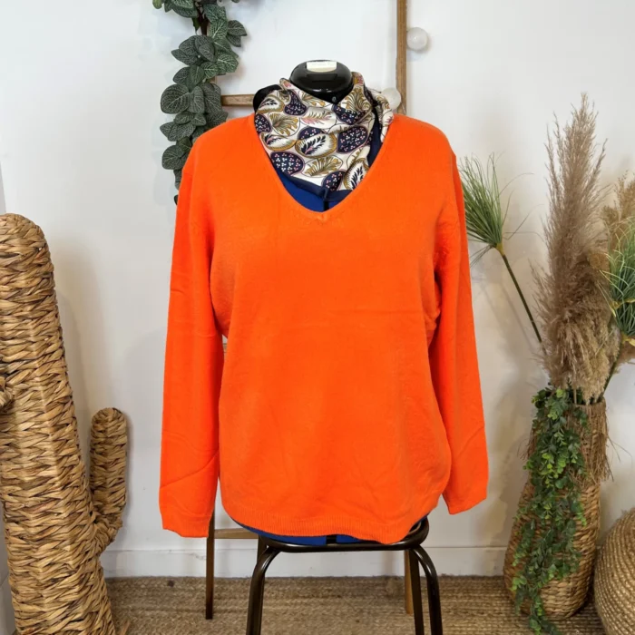 Pull col V laine et cachemire femme TRICOTONIC T44 - orange-vif - 48