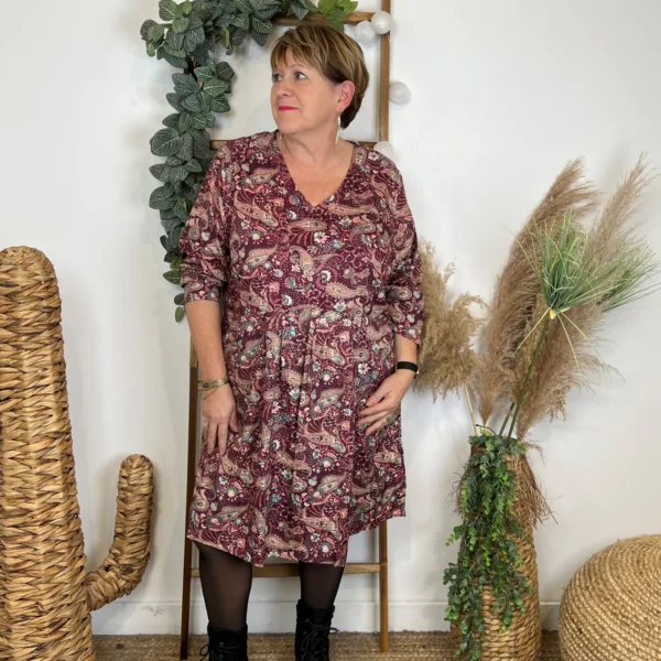 L669- Robe courte imprimée cachemire (T36-T44) - bordeaux - 44