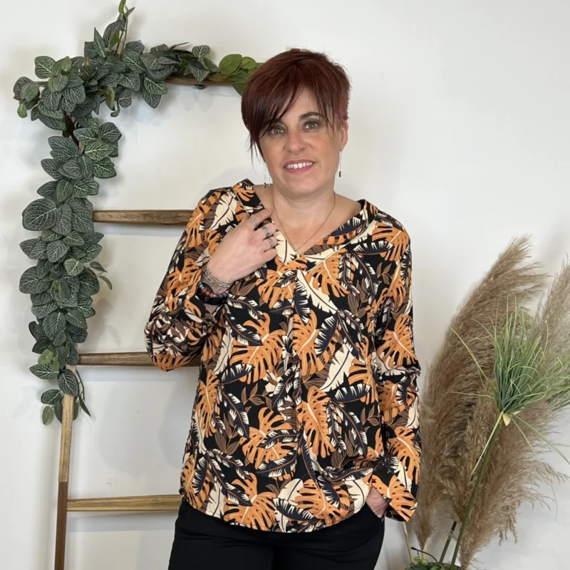 I950- Blouse By One philodendron (T36-T40) - noir-camel - 38