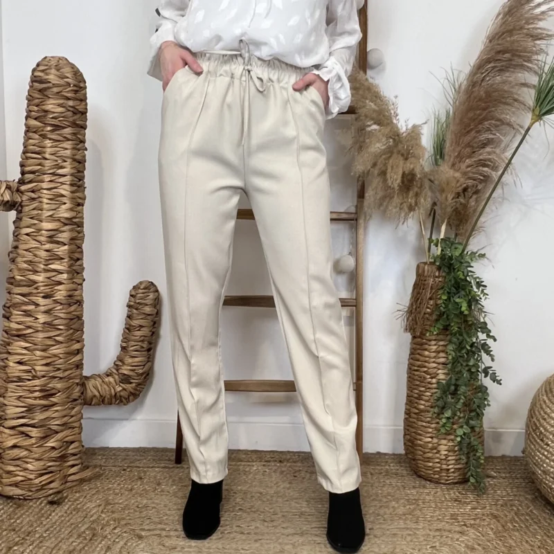 Pantalon taille élastique (Tu) - beige - taille-unique