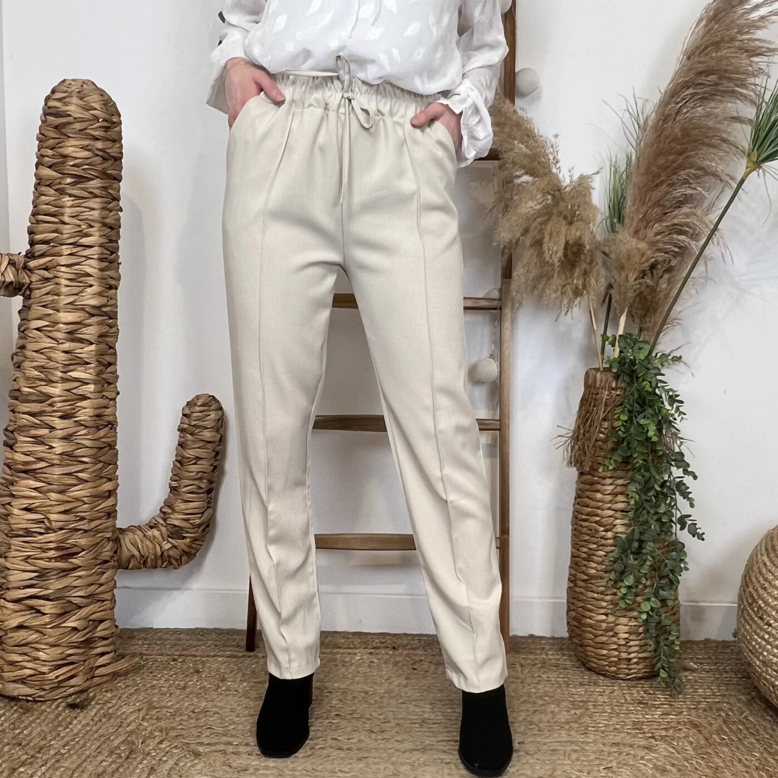 Pantalon taille élastique (Tu) - beige - taille-unique