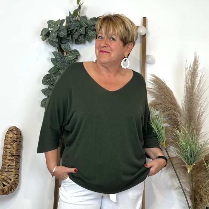 Pull femme manches chauve-souris « Jolies Formes » - kaki - taille-unique-grande-taille