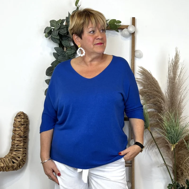 Pull femme manches chauve-souris « Jolies Formes » - bleu-royal - taille-unique-grande-taille