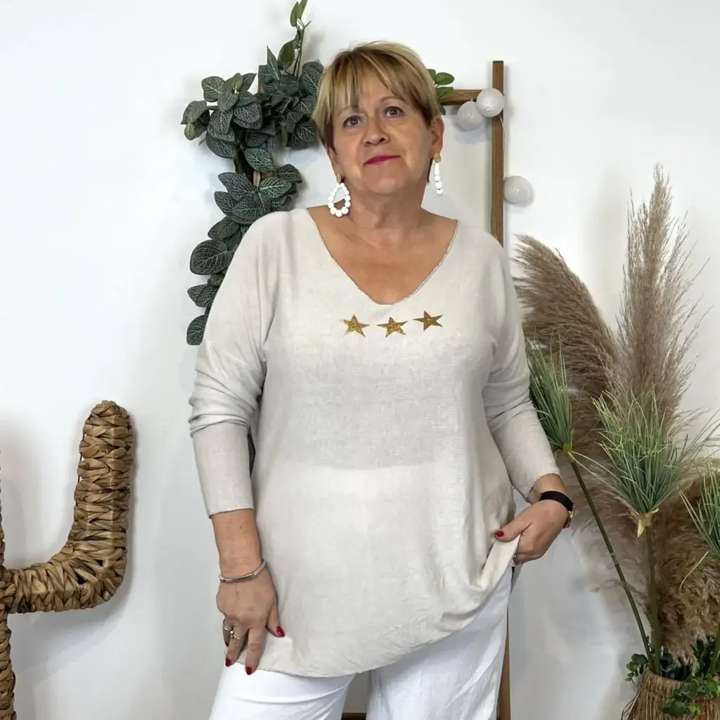 L486- T Shirt 🤩 3 étoiles (Gt) 🇮🇹 - beige - taille-unique-grande-taille
