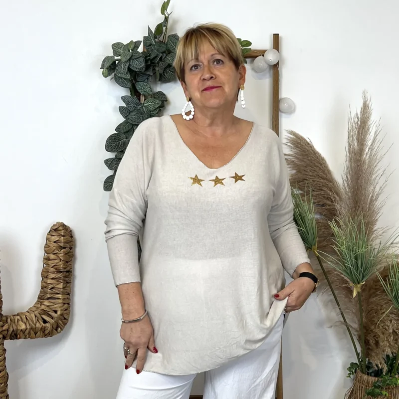 L486- T Shirt 🤩 3 étoiles (Gt) 🇮🇹 - beige - taille-unique-grande-taille