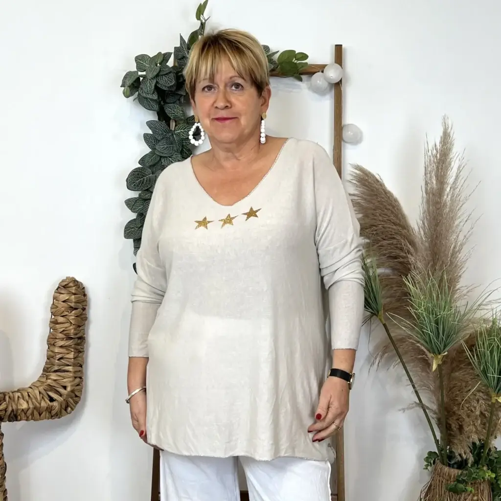 L486- T Shirt 🤩 3 étoiles (Gt) 🇮🇹 - beige - taille-unique-grande-taille
