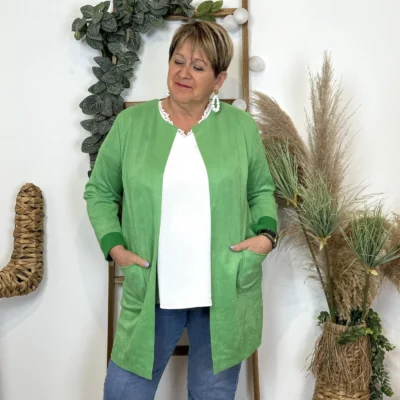 Z554.- Veste ouverte en suédine 🇮🇹 - vert-bresil - taille-unique-grande-taille