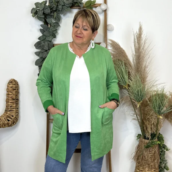 Z554.- Veste ouverte en suédine 🇮🇹 - vert-bresil - taille-unique-grande-taille