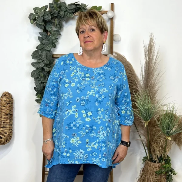 Z332- Tunique coton Fleurettes (Gt) 🇮🇹 - bleu-turquoise - taille-unique-grande-taille