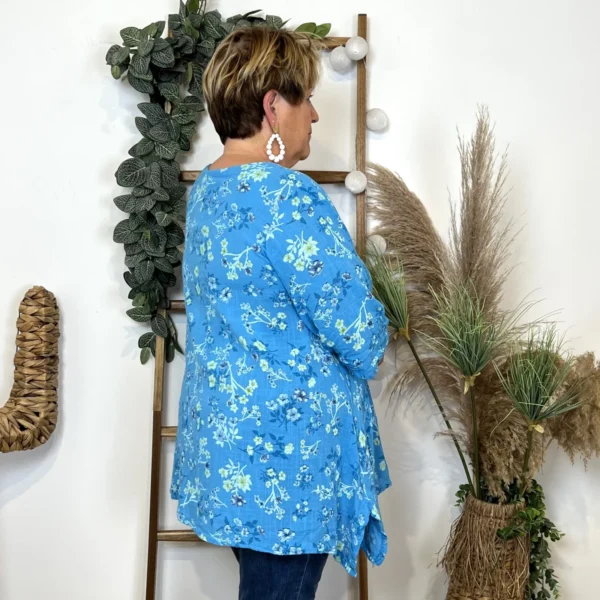 Z332- Tunique coton Fleurettes (Gt) 🇮🇹 - bleu-turquoise - taille-unique-grande-taille