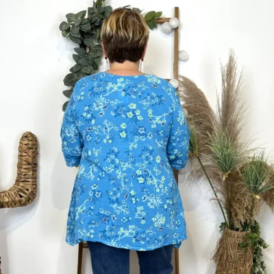 Z332- Tunique coton Fleurettes (Gt) 🇮🇹 - bleu-turquoise - taille-unique-grande-taille