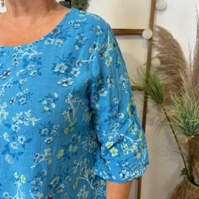 Z332- Tunique coton Fleurettes (Gt) 🇮🇹 - bleu-turquoise - taille-unique-grande-taille
