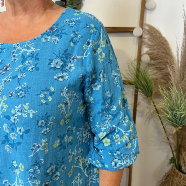 Z332- Tunique coton Fleurettes (Gt) 🇮🇹 - bleu-turquoise - taille-unique-grande-taille