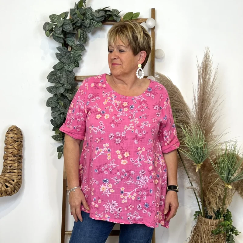 Z332- Tunique coton Fleurettes (Gt) 🇮🇹 - fuchsia - taille-unique-grande-taille