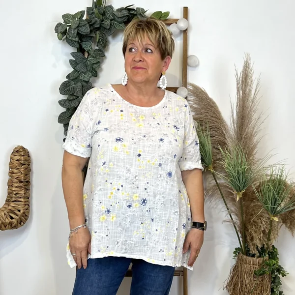 Z332- Tunique coton Fleurettes (Gt) 🇮🇹 - blanc - taille-unique-grande-taille