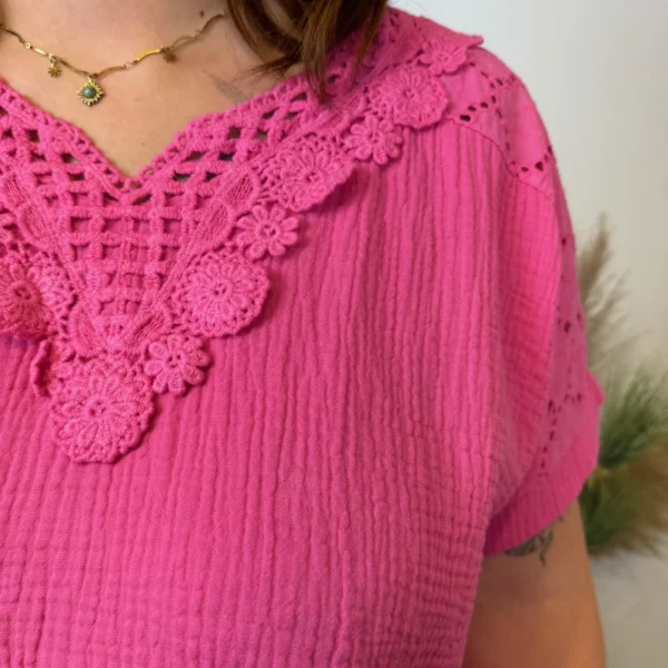 Z348- Blouse Brodée coton (GT) 🇮🇹 - fuchsia - taille-unique-grande-taille